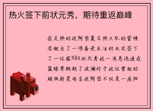 热火签下前状元秀，期待重返巅峰