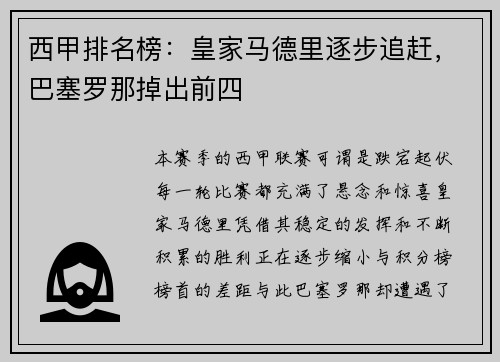 西甲排名榜：皇家马德里逐步追赶，巴塞罗那掉出前四