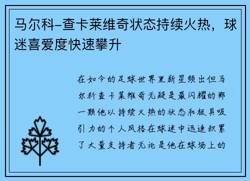马尔科-查卡莱维奇状态持续火热，球迷喜爱度快速攀升