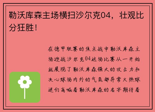 勒沃库森主场横扫沙尔克04，壮观比分狂胜！